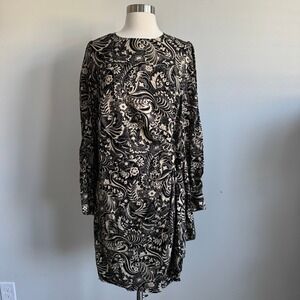 Boden Side Tie Long Sleeve Paisley Dress Black Tan D0394 10R